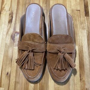 Vionic Reagan Suede Tassel Slip On Mules Women's Size 9 Tan Brown Quiet Luxury